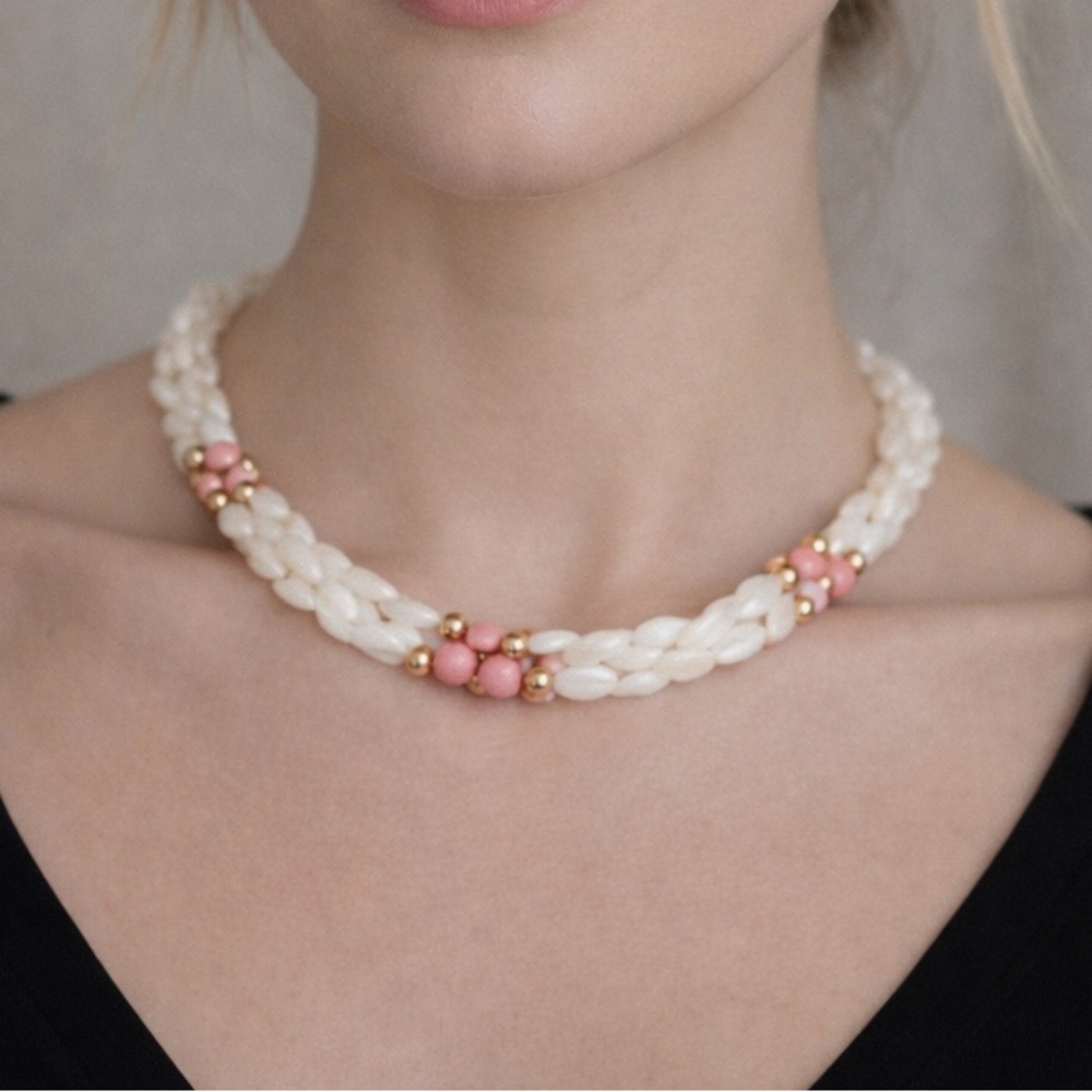 Vintage Cream and Pink Triple twisted Beaded Necklace